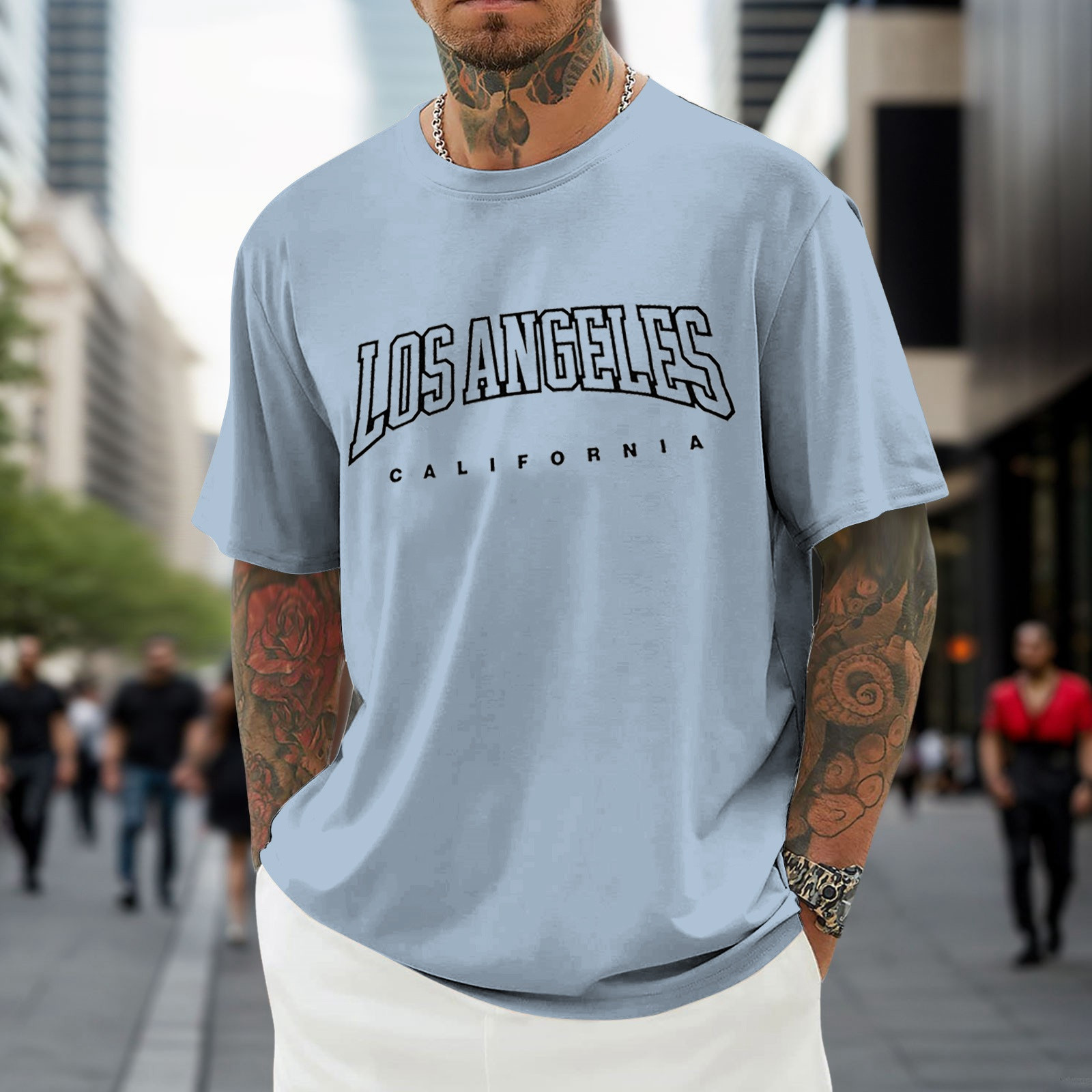 thumbnail image 4 of Camiseta informal de manga corta con estampado de letras para hombre, cuello redondo, poliéster y spandex, estilo informal, fácil de combinar con vaqueros y pantalones cortos, 4 of 6